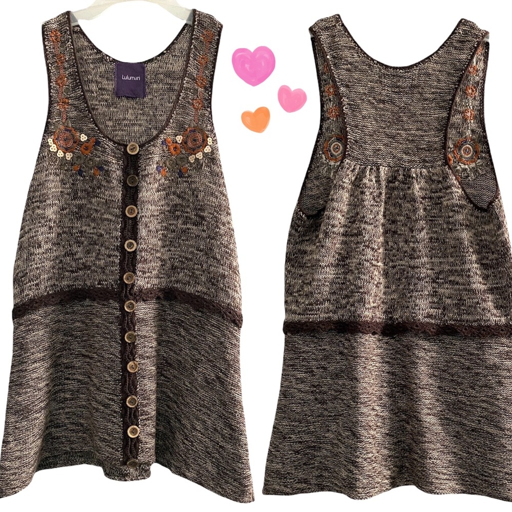 Lulumari boho knit sweater tank w/ embroidery & sequins, 100% cotton, brown tan